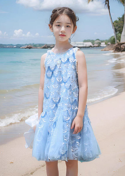 Fine Blue O-Neck Sequins Tulle Girls Maxi Dress Sleeveless EW003 WS-JRTZSDL240810