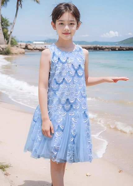 Fine Blue O-Neck Sequins Tulle Girls Maxi Dress Sleeveless EW003 WS-JRTZSDL240810