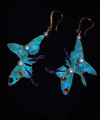 Fine Blue Sterling Silver Overgild Pearl Crystal Butterfly Drop Earrings QQ033 JEW-EAR240811