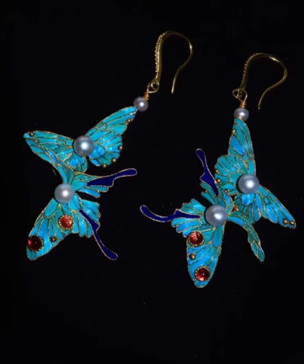 Fine Blue Sterling Silver Overgild Pearl Crystal Butterfly Drop Earrings QQ033 JEW-EAR240811