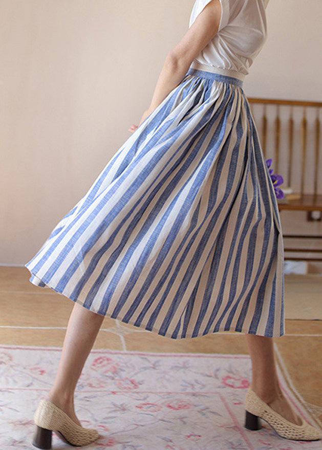 Skirt High Fine Blue Summer Striped Cotton Waist Wrinkled FashionChic