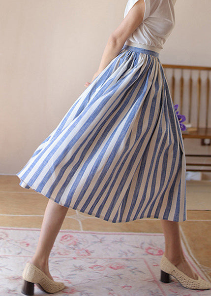 Skirt High Fine Blue Summer Striped Cotton Waist Wrinkled FashionChic