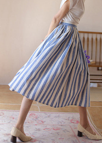 Skirt High Fine Blue Summer Striped Cotton Waist Wrinkled FashionChic