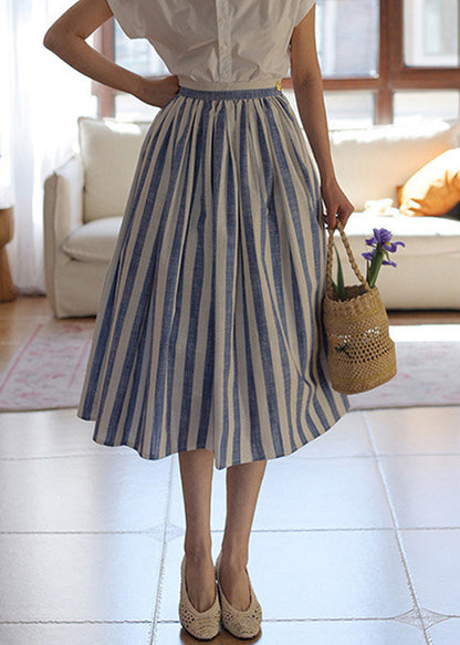 Skirt High Fine Blue Summer Striped Cotton Waist Wrinkled FashionChic