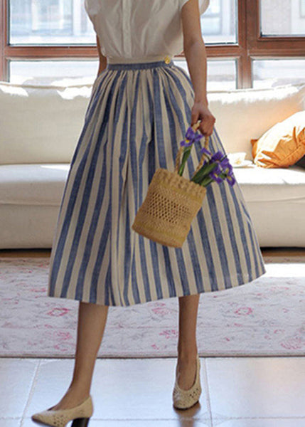 Skirt High Fine Blue Summer Striped Cotton Waist Wrinkled FashionChic