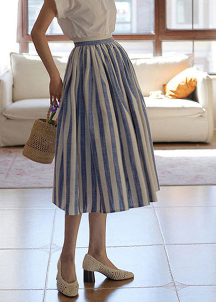 Skirt High Fine Blue Summer Striped Cotton Waist Wrinkled FashionChic