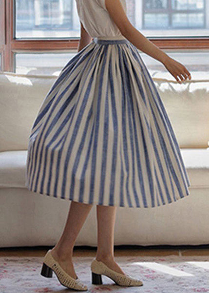 Skirt High Fine Blue Summer Striped Cotton Waist Wrinkled FashionChic