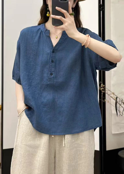 Summer V Linen Button Neck Blue Top Fine Solid FashionChic