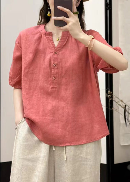 Summer V Linen Button Neck Blue Top Fine Solid FashionChic