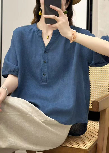 Summer V Linen Button Neck Blue Top Fine Solid FashionChic