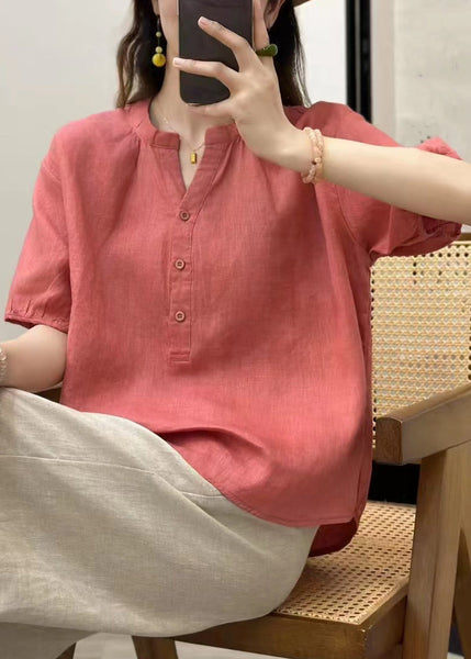 Summer V Linen Button Neck Blue Top Fine Solid FashionChic