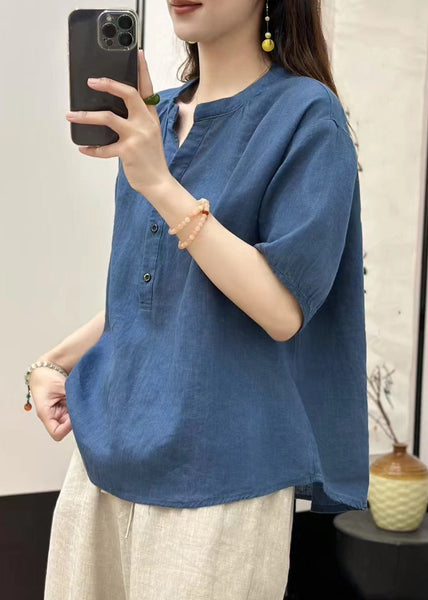 Summer V Linen Button Neck Blue Top Fine Solid FashionChic