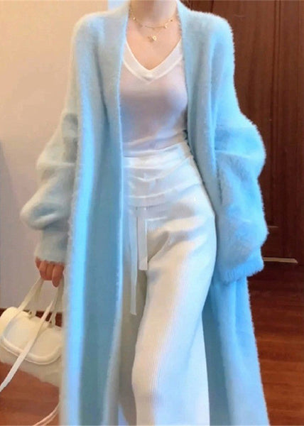 Fine Blue V Neck Mink Hair Knitted Cardigan Fall RL012 ABC