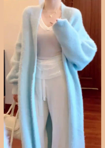 Fine Blue V Neck Mink Hair Knitted Cardigan Fall RL012 ABC