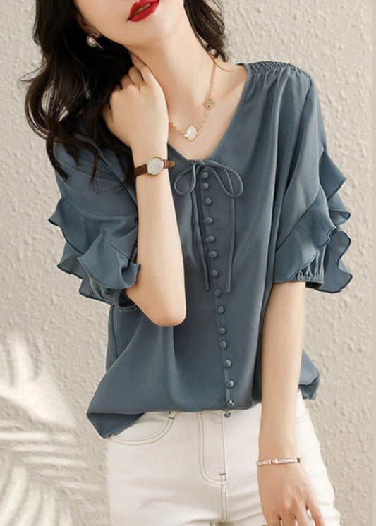 Ruffled Shirts V Chiffon Fine Summer Neck Blue Patchwork FashionChic