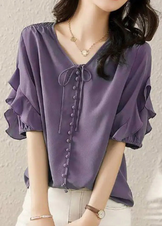 Ruffled Shirts V Chiffon Fine Summer Neck Blue Patchwork FashionChic