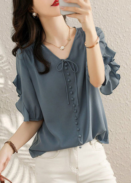 Ruffled Shirts V Chiffon Fine Summer Neck Blue Patchwork FashionChic