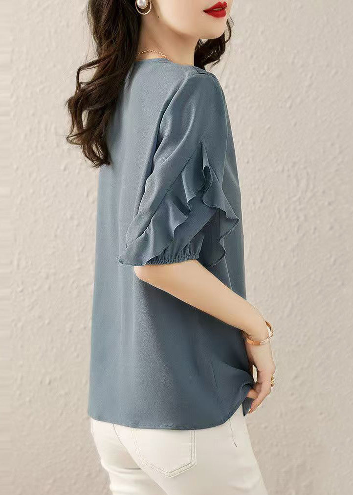 Ruffled Shirts V Chiffon Fine Summer Neck Blue Patchwork FashionChic