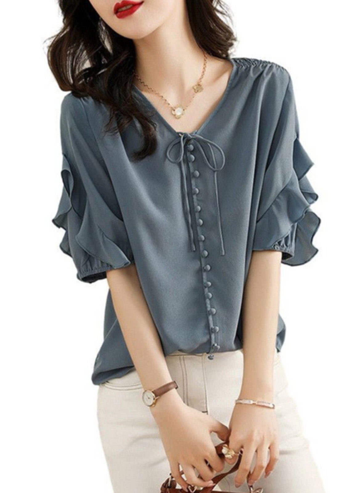 Ruffled Shirts V Chiffon Fine Summer Neck Blue Patchwork FashionChic