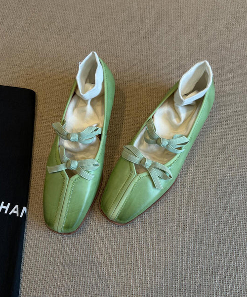 Splicing Green Fine Comfy Bow Sheepskin Flats FashionChic