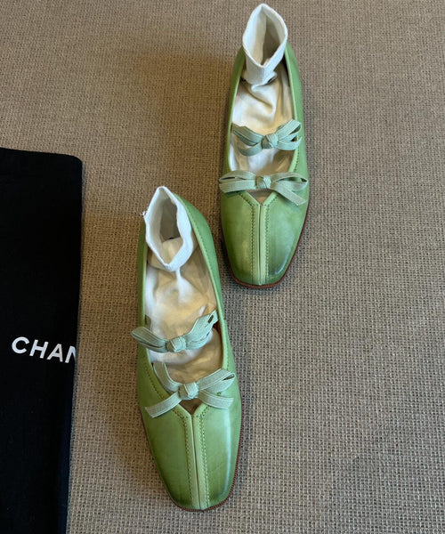Splicing Green Fine Comfy Bow Sheepskin Flats FashionChic