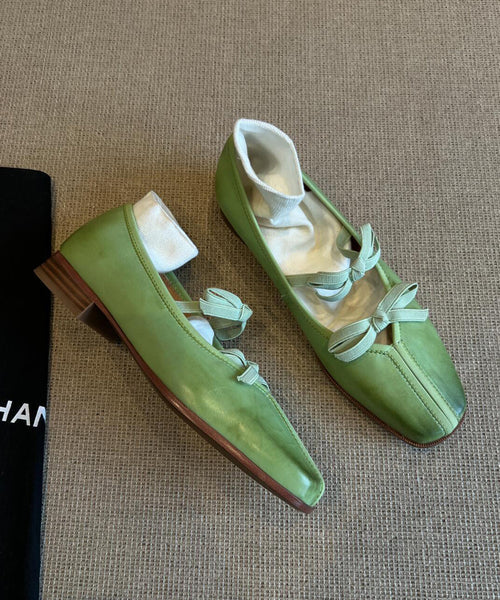 Splicing Green Fine Comfy Bow Sheepskin Flats FashionChic