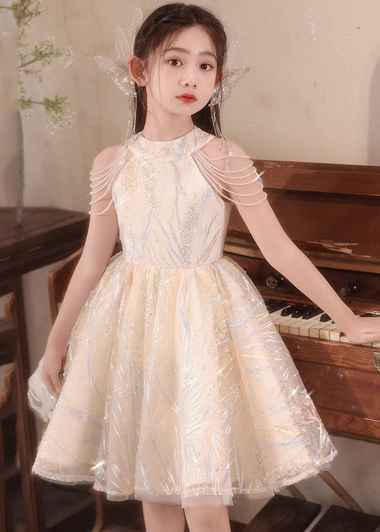 Fine Champagne O-Neck Nail Bead Tassel Tulle Girls Long Dresses Summer QV022 WS-JRTZSDGL241026