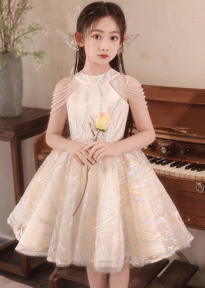 Fine Champagne O-Neck Nail Bead Tassel Tulle Girls Long Dresses Summer QV022 WS-JRTZSDGL241026