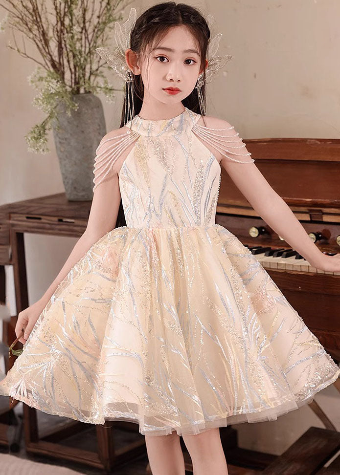 Fine Champagne O-Neck Nail Bead Tassel Tulle Girls Long Dresses Summer QV022 WS-JRTZSDGL241026