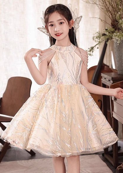 Fine Champagne O-Neck Nail Bead Tassel Tulle Girls Long Dresses Summer QV022 WS-JRTZSDGL241026