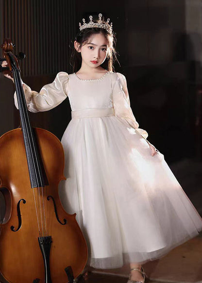 Fine Champagne Square Collar Nail Bead Tulle Kids Long Dress Puff Sleeve QV004 WS-JRTZFDGL241026