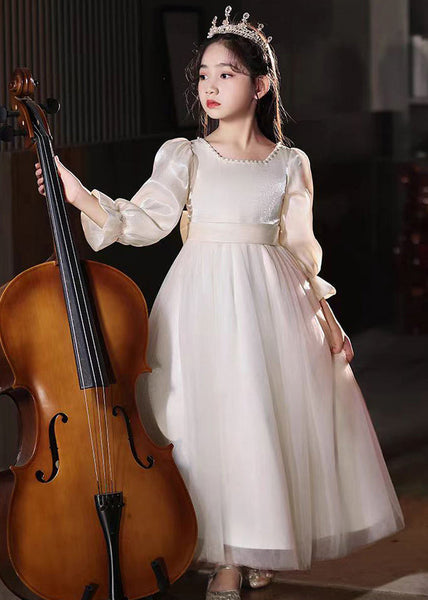 Fine Champagne Square Collar Nail Bead Tulle Kids Long Dress Puff Sleeve QV004 WS-JRTZFDGL241026