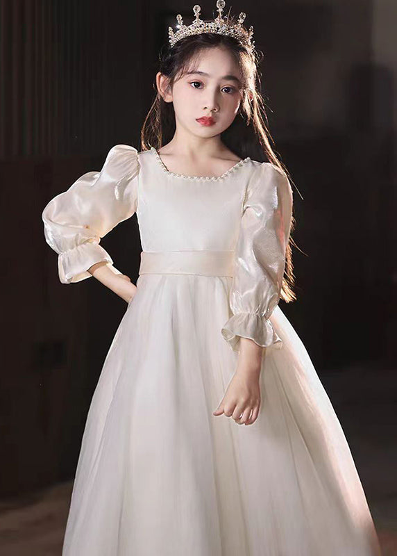 Fine Champagne Square Collar Nail Bead Tulle Kids Long Dress Puff Sleeve QV004 WS-JRTZFDGL241026