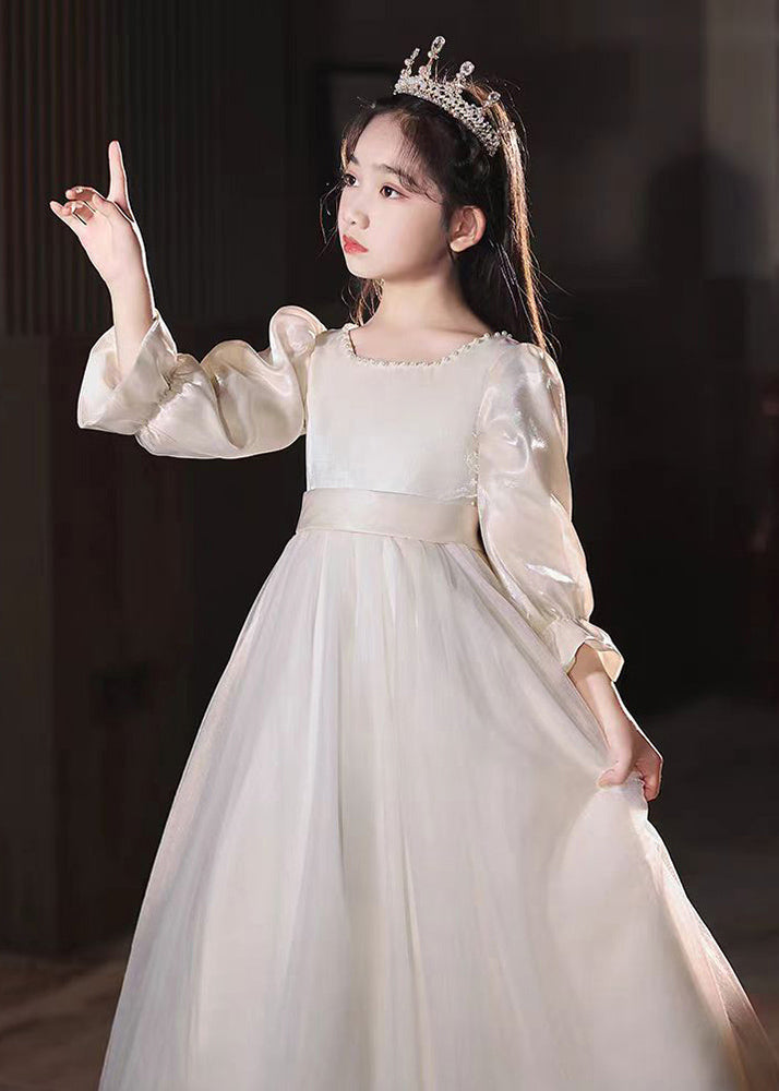 Fine Champagne Square Collar Nail Bead Tulle Kids Long Dress Puff Sleeve QV004 WS-JRTZFDGL241026