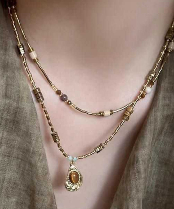 Fine Coffee Copper Crystal Tiger Eye Stone Pendant Necklace Two Piece Set QZ010 JEW-NLC241023