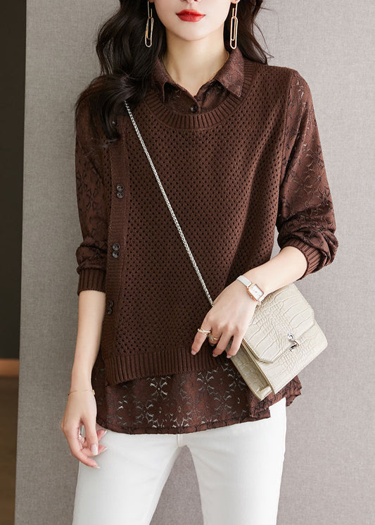 Fine Coffee Peter Pan Collar Lace Patchwork False Two Pieces Knit Tops Fall QL050 OM-OL241021