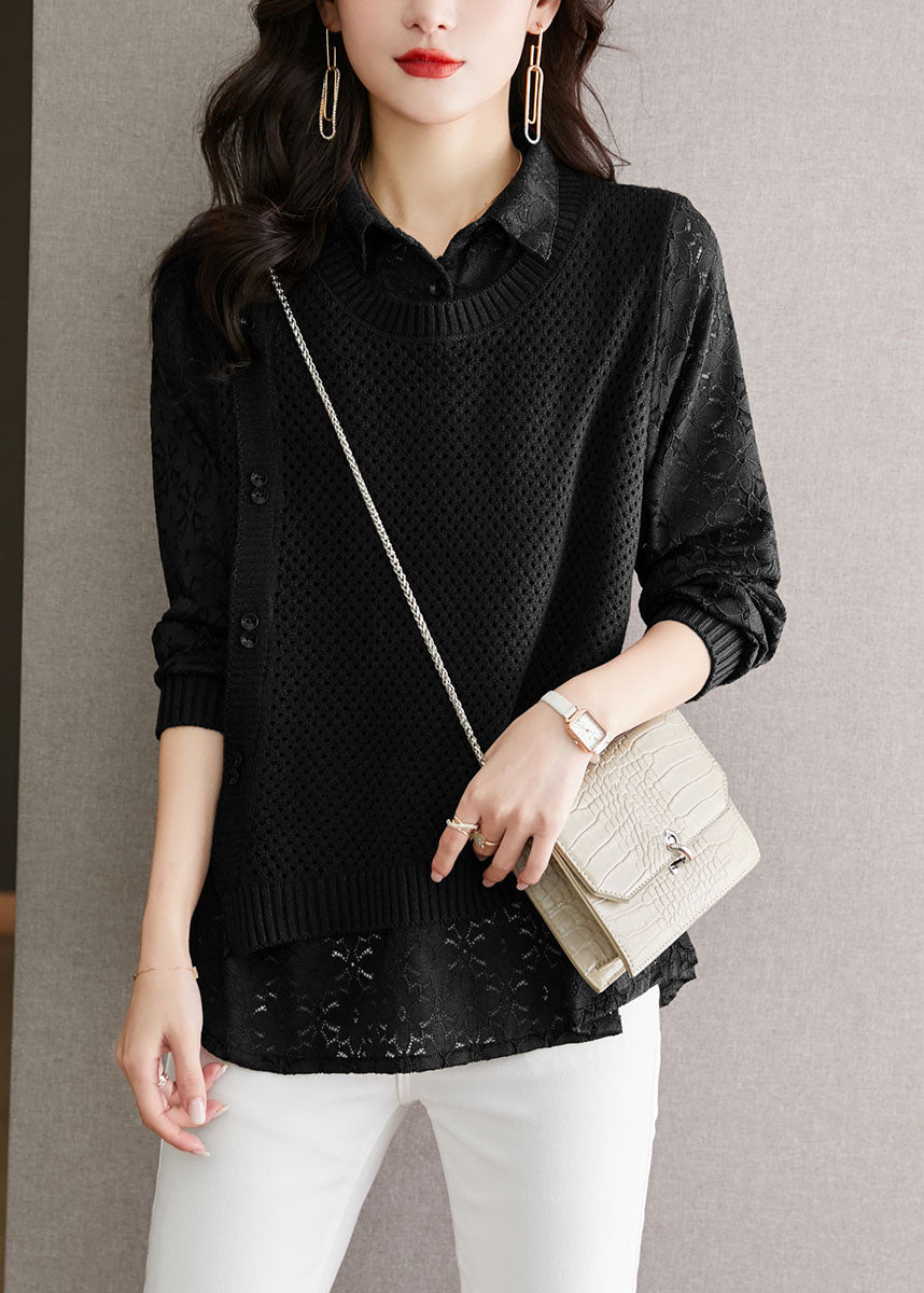 Fine Coffee Peter Pan Collar Lace Patchwork False Two Pieces Knit Tops Fall QL050 OM-OL241021