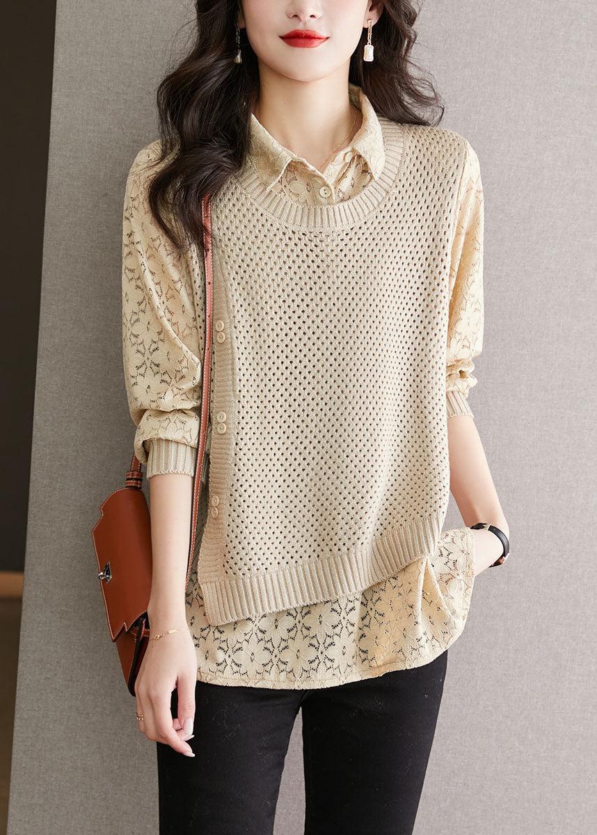 Fine Coffee Peter Pan Collar Lace Patchwork False Two Pieces Knit Tops Fall QL050 OM-OL241021