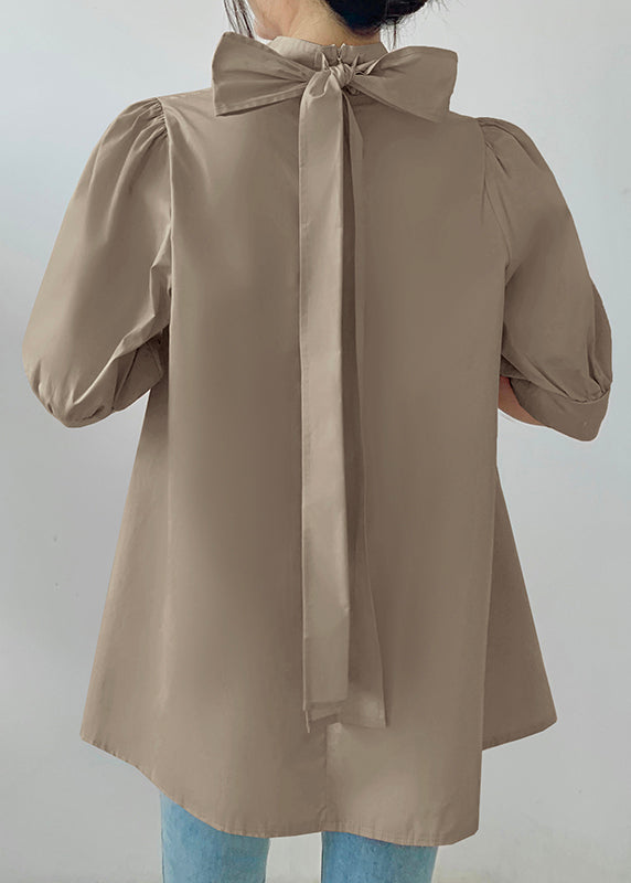 Fine Stand Bow Coffee Chiffon Half Shirts Collar Sleeve FashionChic