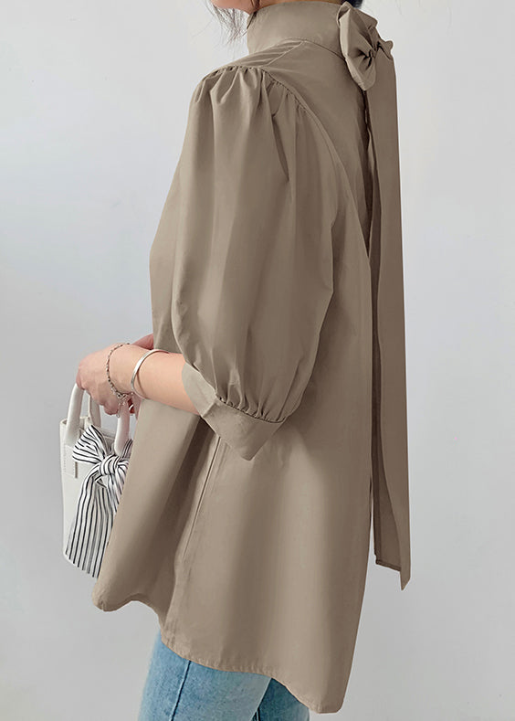 Fine Stand Bow Coffee Chiffon Half Shirts Collar Sleeve FashionChic