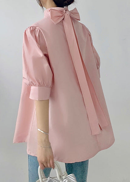 Fine Stand Bow Coffee Chiffon Half Shirts Collar Sleeve FashionChic