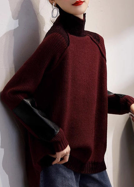 Fine Coffee Turtleneck Patchwork Thick Cotton Knit Sweater Tops Winter RK011 ABC