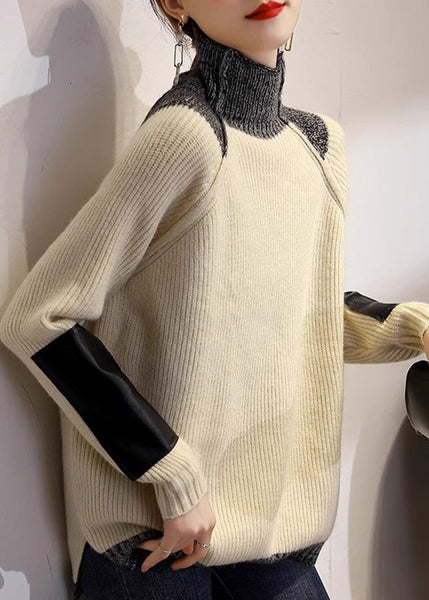 Fine Coffee Turtleneck Patchwork Thick Cotton Knit Sweater Tops Winter RK011 ABC
