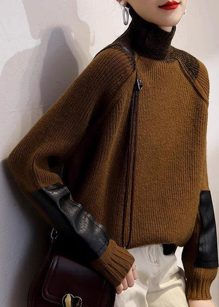 Fine Coffee Turtleneck Patchwork Thick Cotton Knit Sweater Tops Winter RK011 ABC