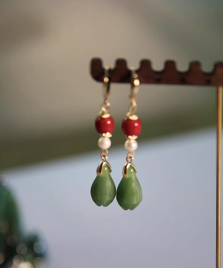 Fine Colorblock Sterling Silver Overgild Jade Orchid Drop Earrings GH1046 Ada Fashion