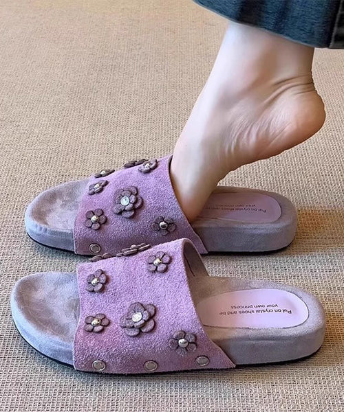 Fine Purple Peep Sandals Toe Slide Suede Splicing Floral FashionChic