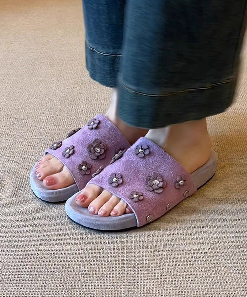 Fine Purple Peep Sandals Toe Slide Suede Splicing Floral FashionChic