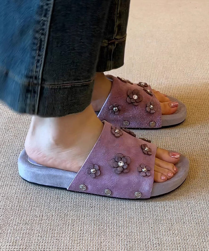 Fine Purple Peep Sandals Toe Slide Suede Splicing Floral FashionChic