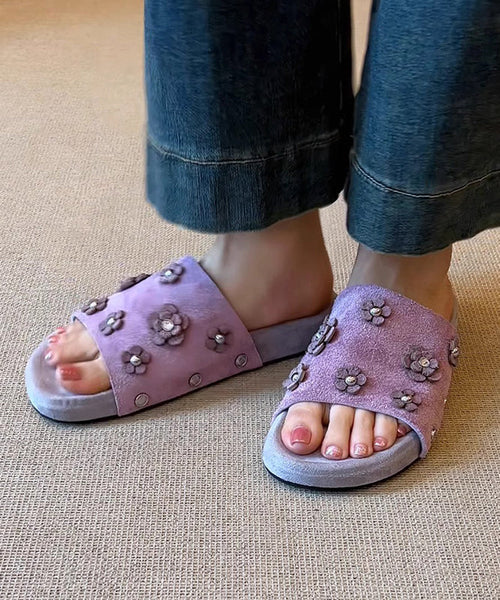 Fine Purple Peep Sandals Toe Slide Suede Splicing Floral FashionChic