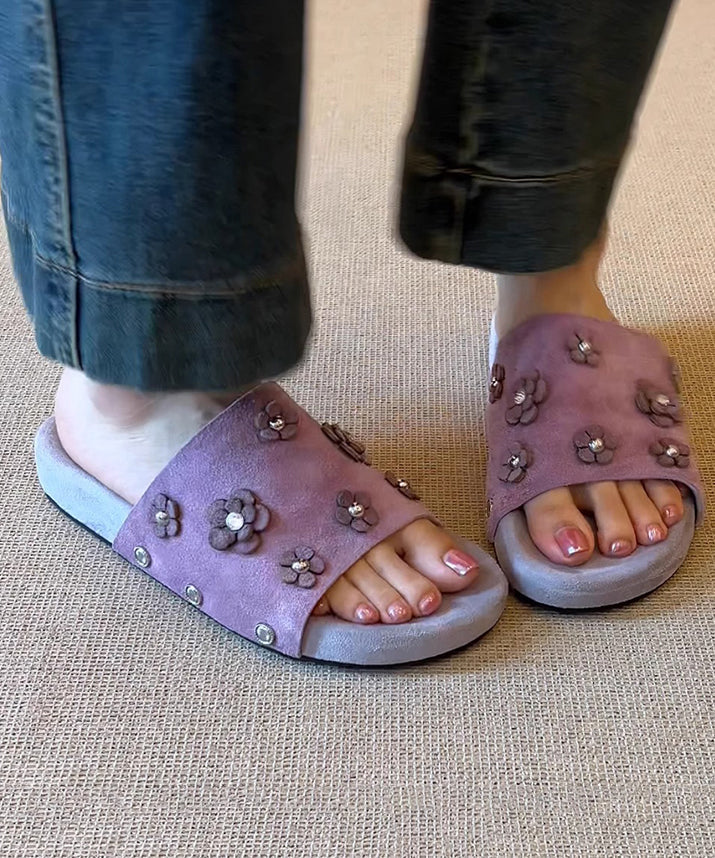 Fine Purple Peep Sandals Toe Slide Suede Splicing Floral FashionChic